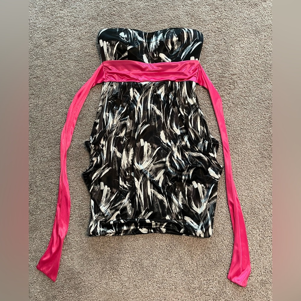 Ruby Rox Black & White Strapless Dress with Pink Sash - Medium